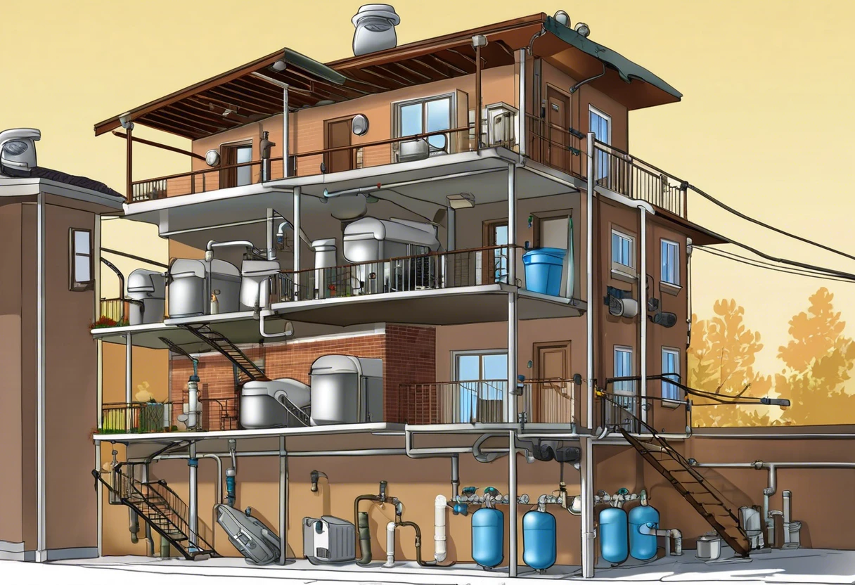 Diagram of plumbing system in an apartment building including water supply and drainage.