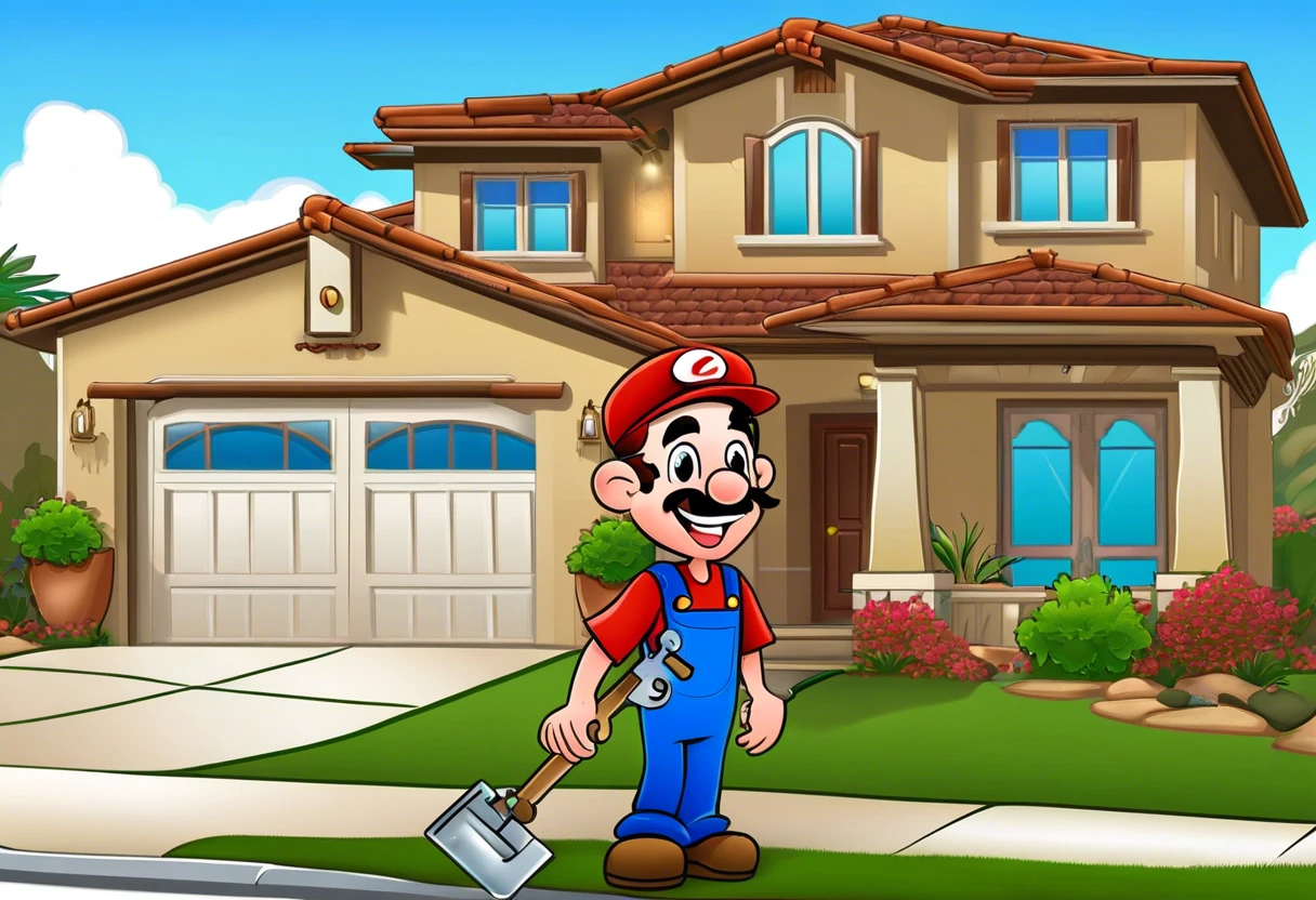 Cartoon plumber standing in front of a house in Anaheim Hills, CA