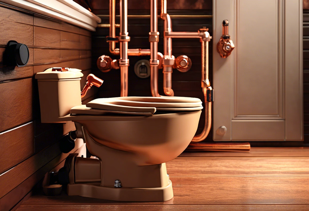 Close-up of copper plumbing pipes and toilet, illustrating the longevity of copper plumbing