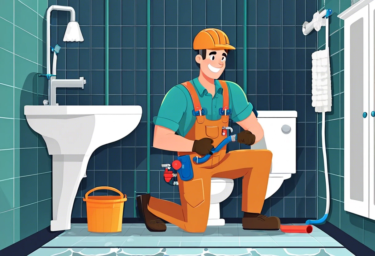 A plumber working in a bathroom, showcasing plumbing skills relevant to choosing a career as an electrician or plumber.