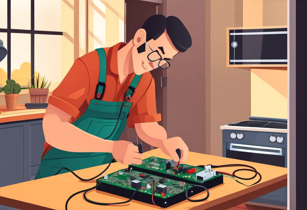 A technician working on electrical circuits in a kitchen setting, representing the skills of an electrician.