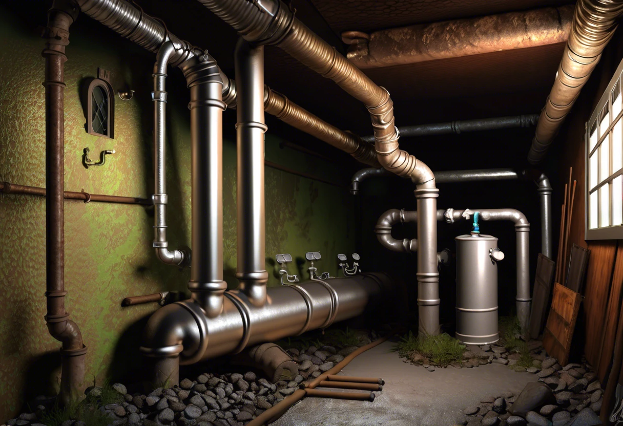 An image showing galvanized plumbing pipes inside a dimly lit room, illustrating the type of plumbing that was phased out.