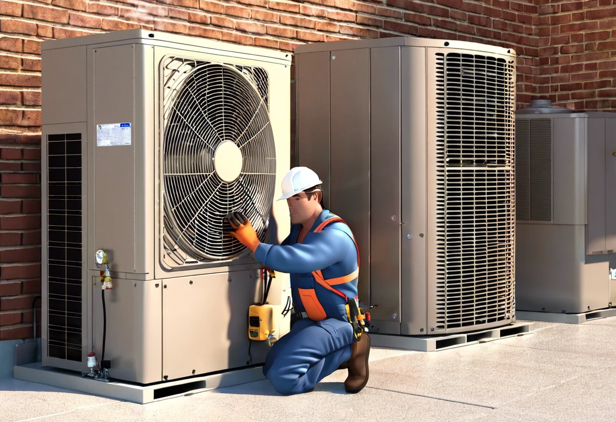 Technician working on an HVAC system, relevant to HVAC and plumbing salary comparison.