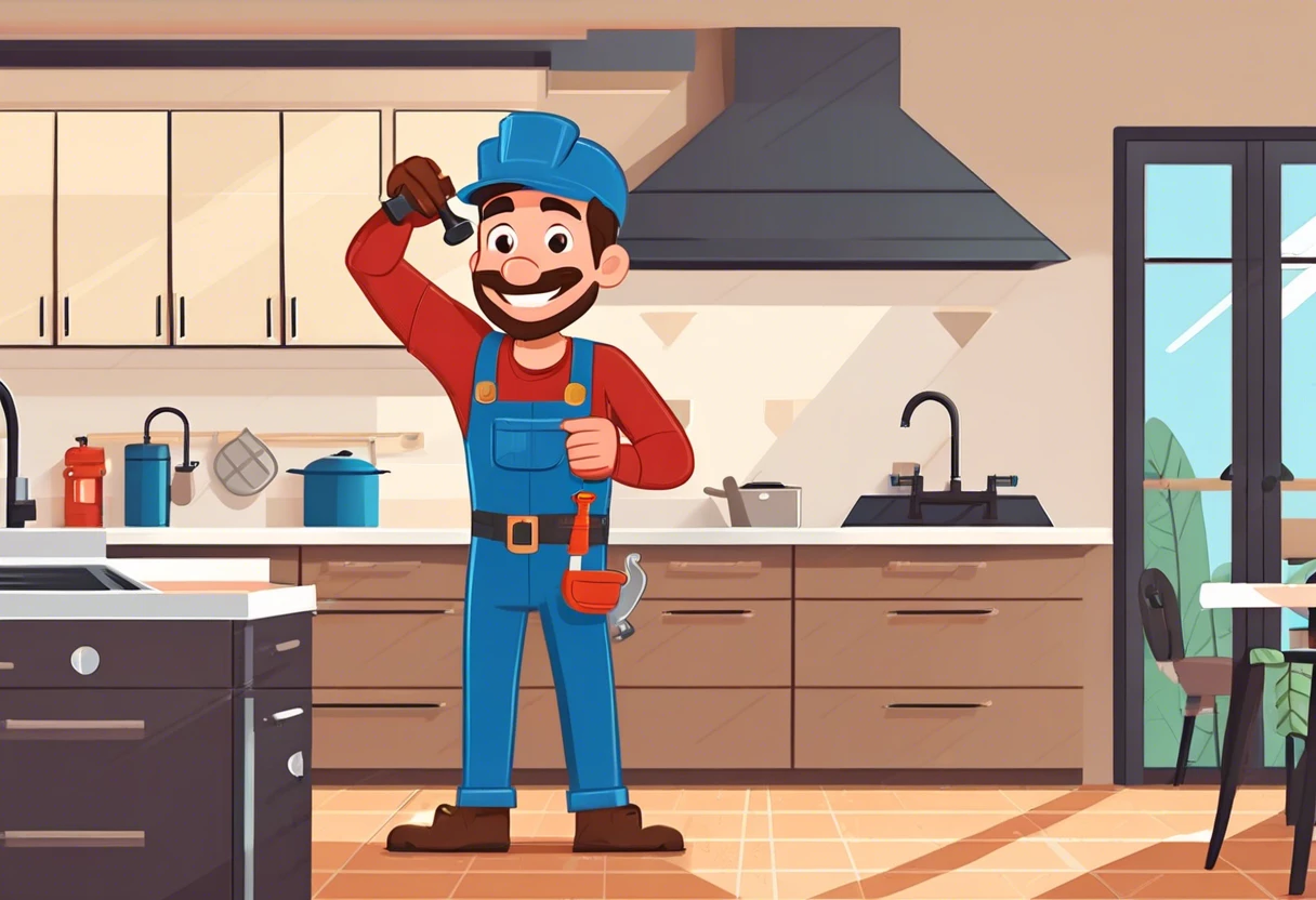 Cartoon plumber in a kitchen highlighting landlord responsibility for plumbing in Anaheim Hills, CA.