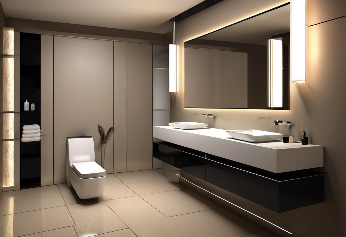 Modern lavatory setup with toilet and sink in a plumbing context