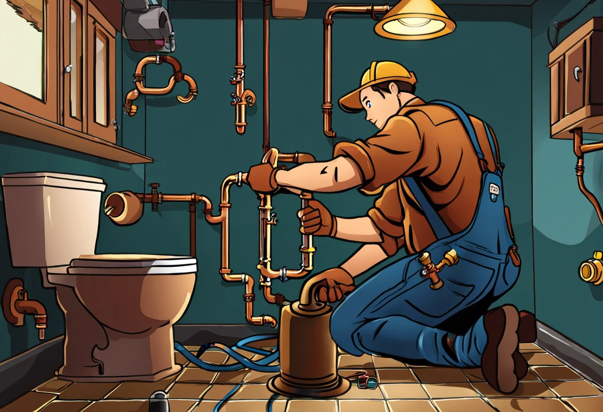 An illustration of a plumber working on pipes and plumbing fixtures, highlighting the skills involved in learning plumbing.