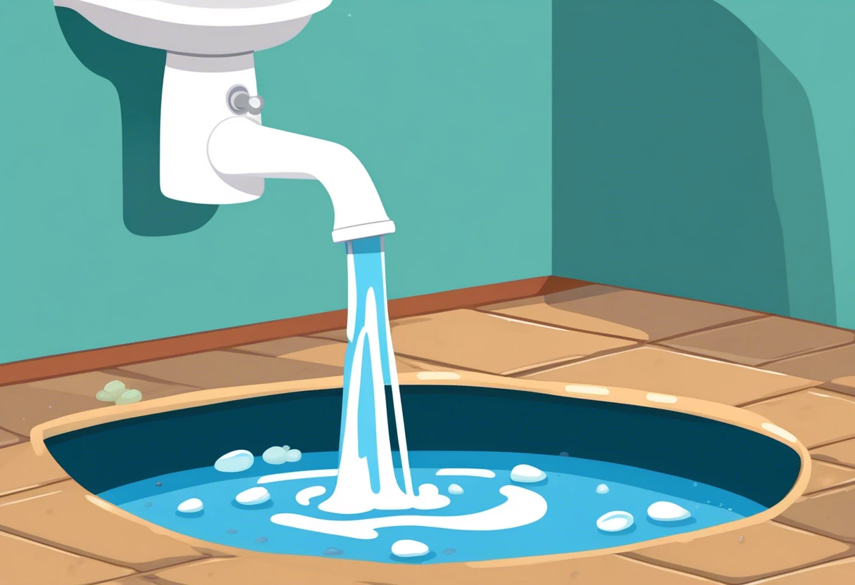 Illustration of a sink pipe pouring liquid into a pool of standing water, discussing Liquid Plumber's effectiveness.