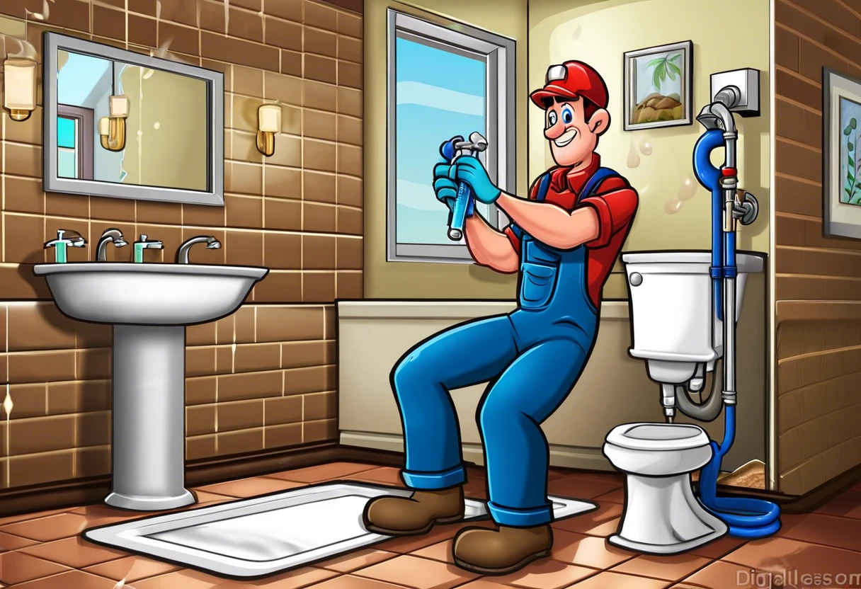 Plumber using Liquid Plumber in a bathroom with toilet and sink, relevant for using Liquid Plumber in toilets.