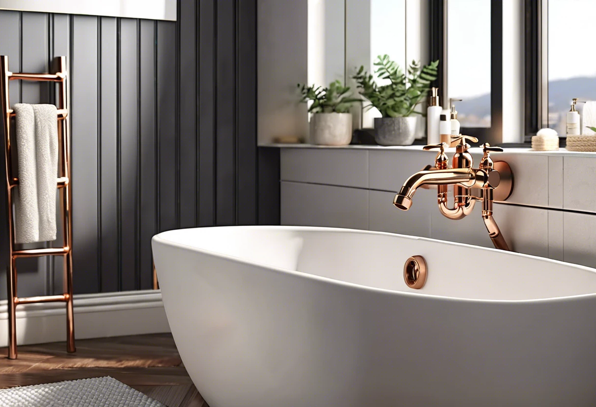 A modern bathroom featuring a stylish bathtub with a manifold plumbing system.