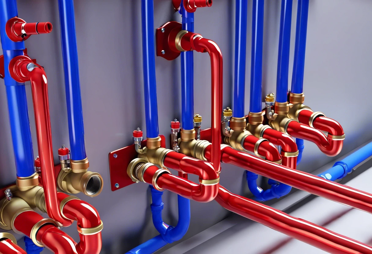 Detailed view of a manifold plumbing system with red and blue pipes