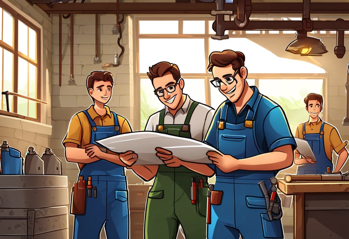 Group of plumbers discussing plans, representing the journey to becoming a master plumber.
