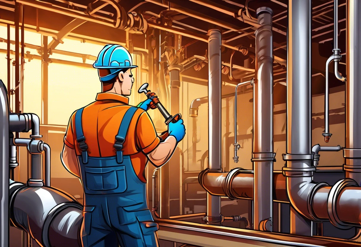 A plumber preparing to work on pipes, symbolizing the journey to becoming a master plumber.