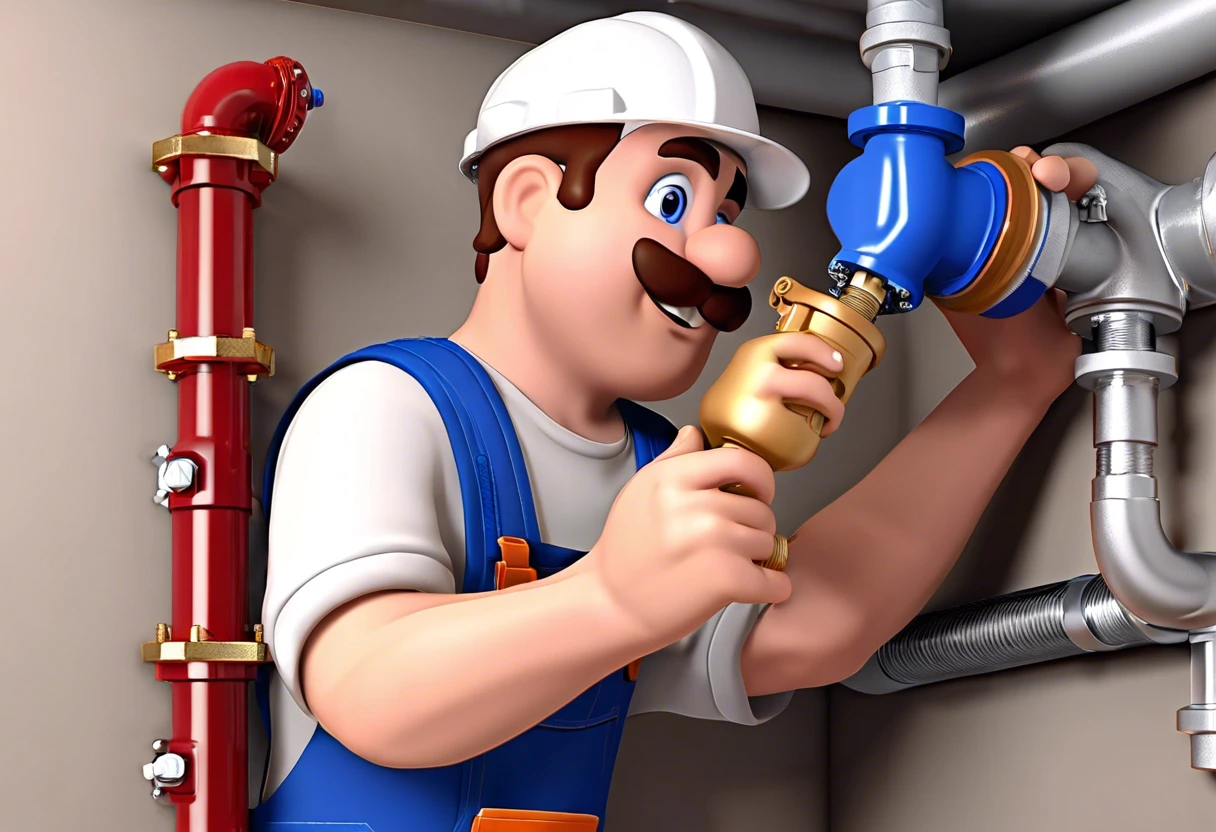 Illustration of a plumber installing a non-return valve in plumbing systems for backflow prevention.