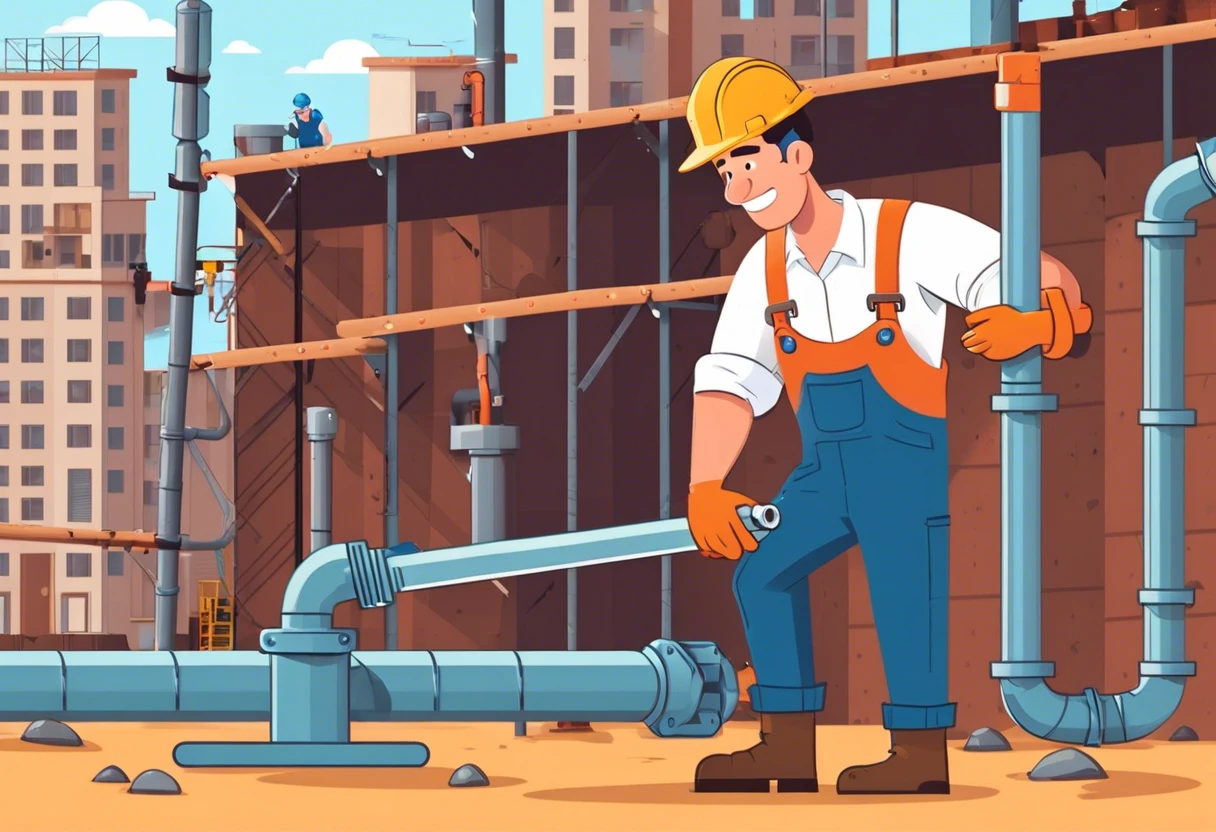 Illustration showing a plumber working on a plumbing project during construction, highlighting the phases of plumbing completed.