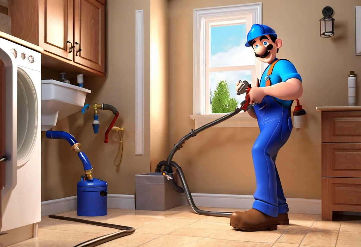 Animated plumber working on a gas leak in a residential setting, illustrating how a plumber can fix a gas leak.