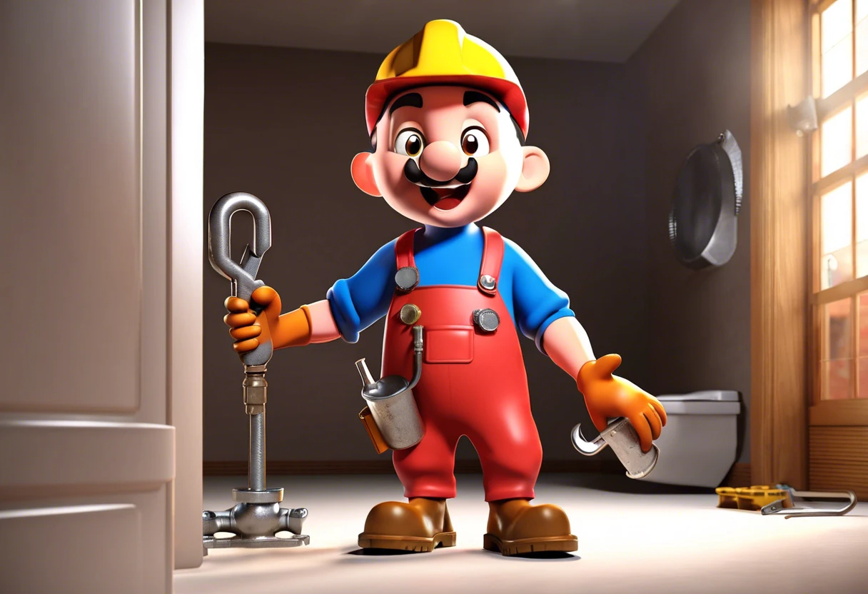 Cartoon plumber holding tools to fix a gas leak in a home.