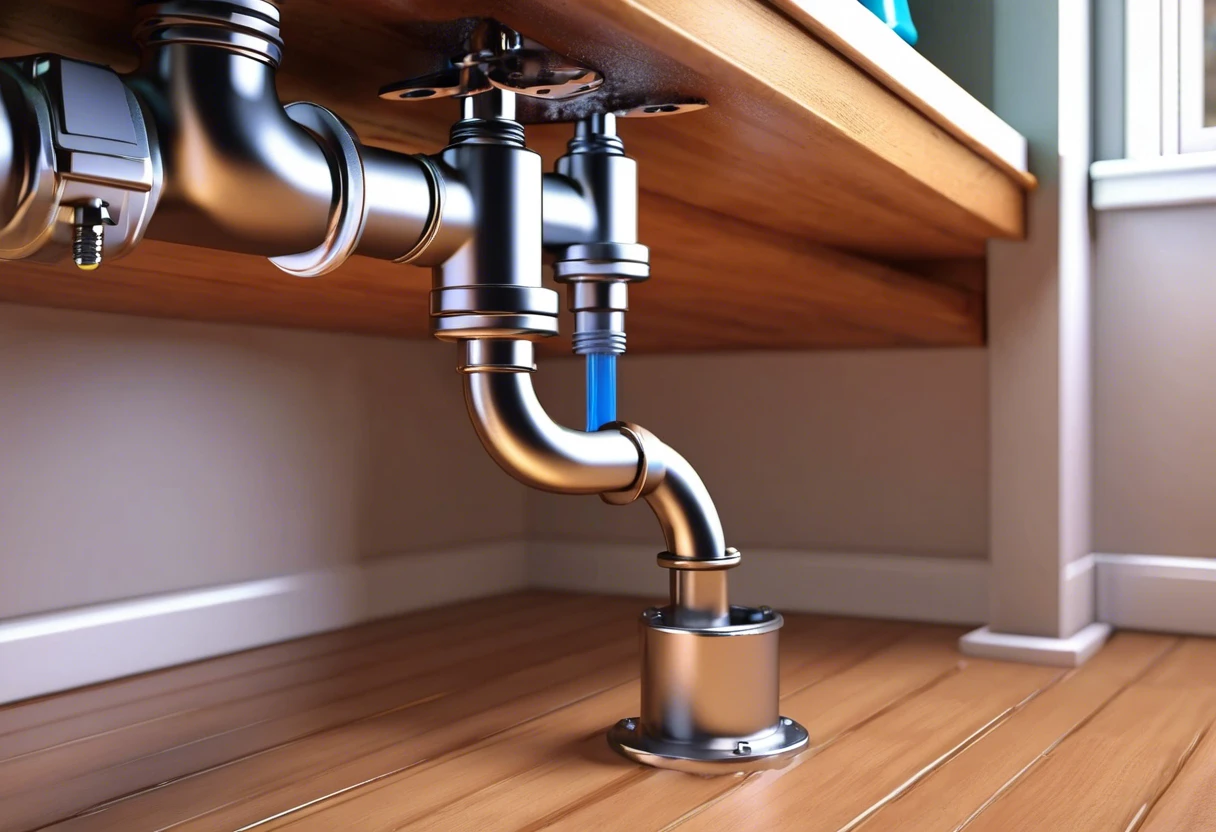 A professional plumber installing gas lines under a kitchen sink.