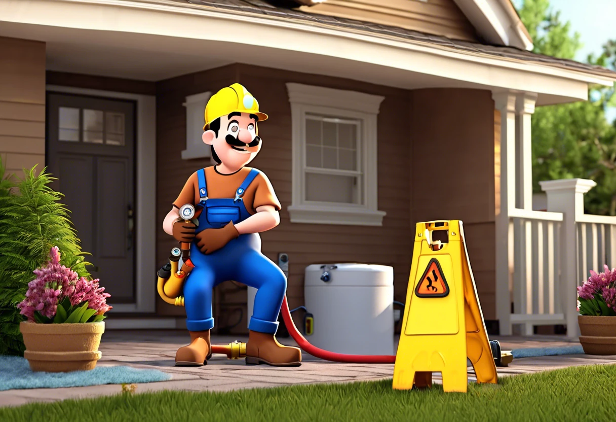 A plumber with tools inspecting gas lines outside a residential home.