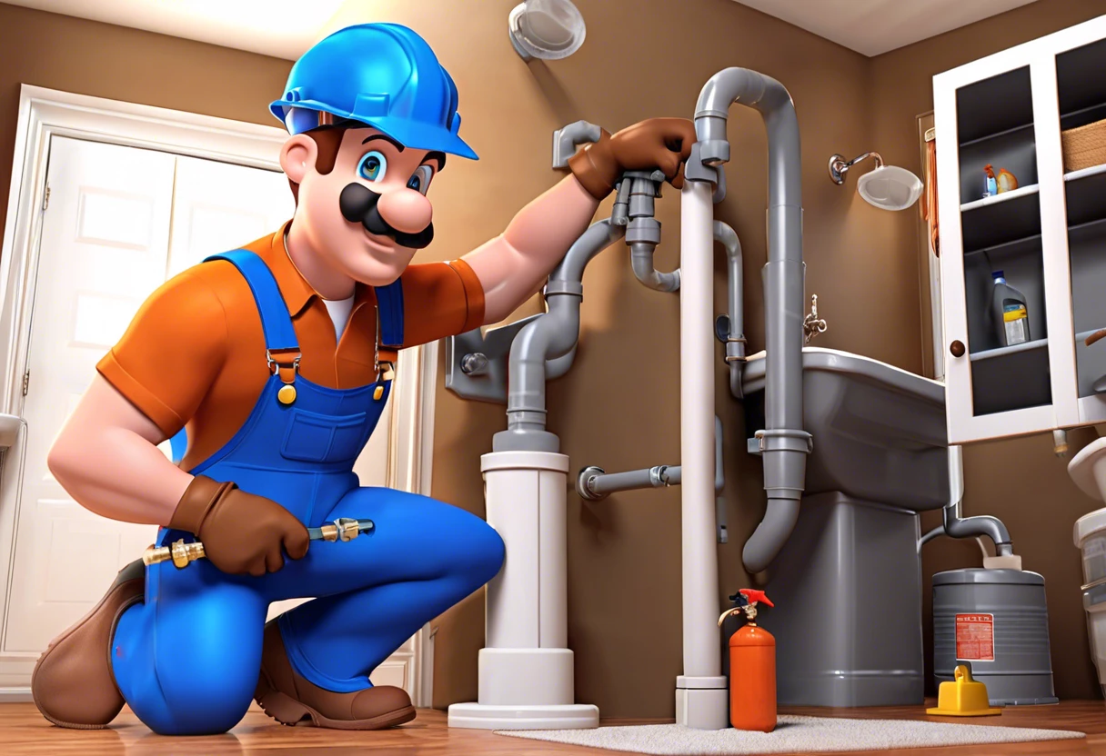 A plumber kneeling beside gas lines and plumbing fixtures, illustrating the process of gas line installation.
