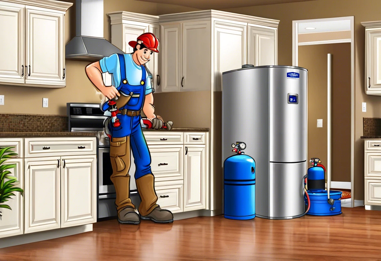 Plumber installing a water heater in a home kitchen in Anaheim Hills, CA