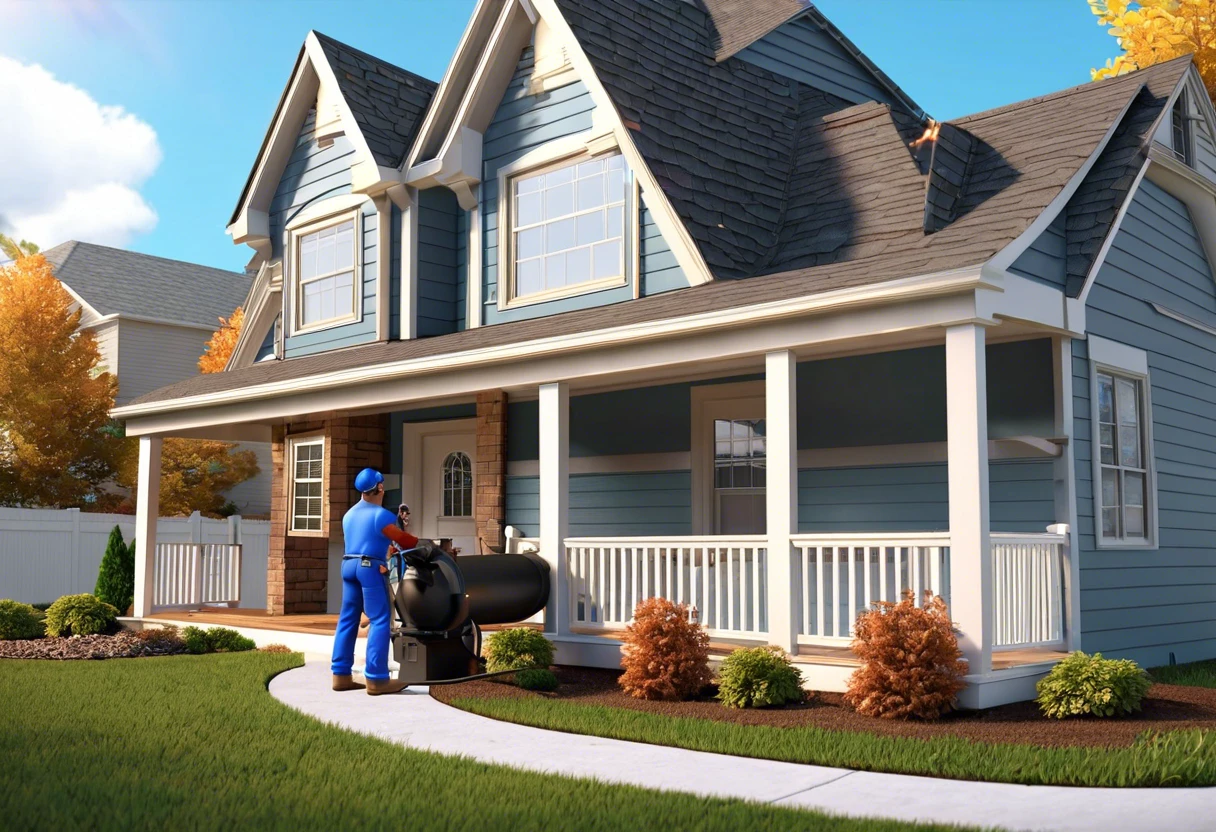 A plumber installing a gas line outside a residential home.