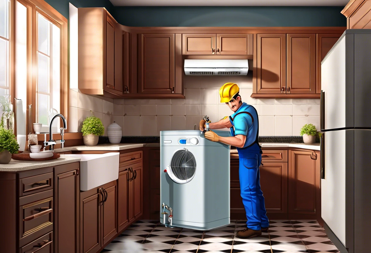 A plumber repairing a water heater in a modern kitchen, demonstrating the process of water heater replacement.