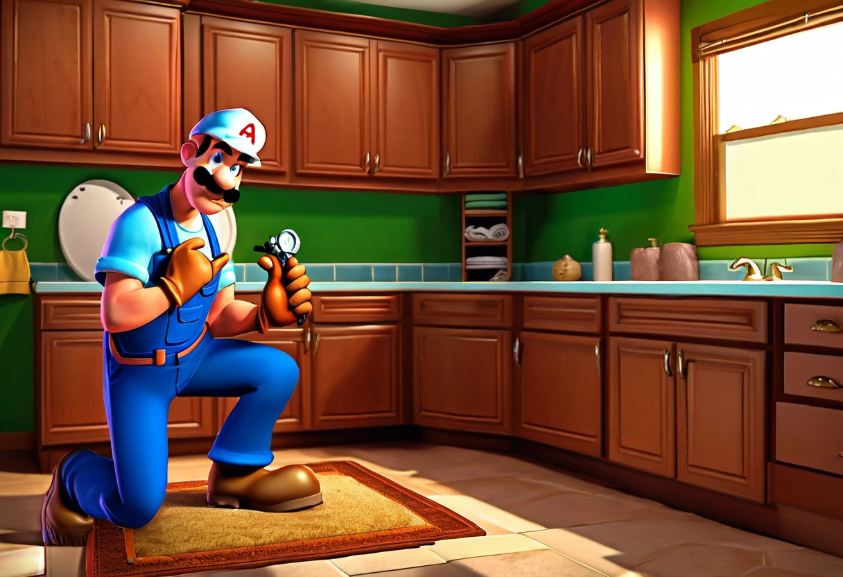 Cartoon plumber inspecting kitchen plumbing in Anaheim Hills, CA
