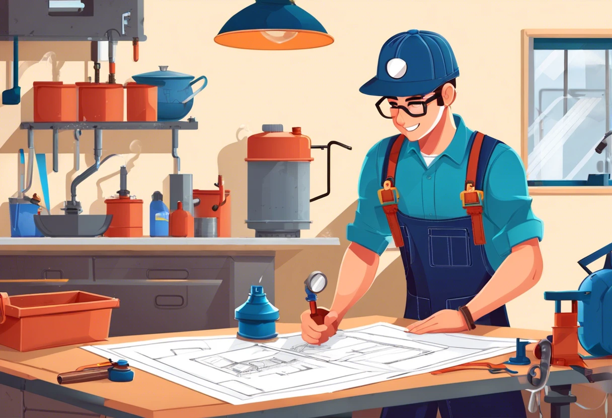 Plumber studying blueprints in a workshop, illustrating coursework in plumber school.