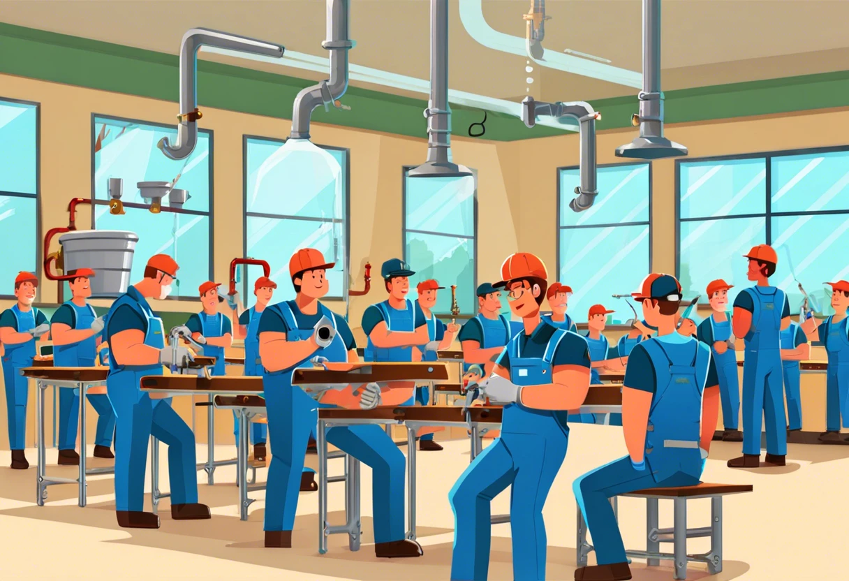 Students learning plumbing skills in a plumber school classroom, showcasing how long is plumber school.