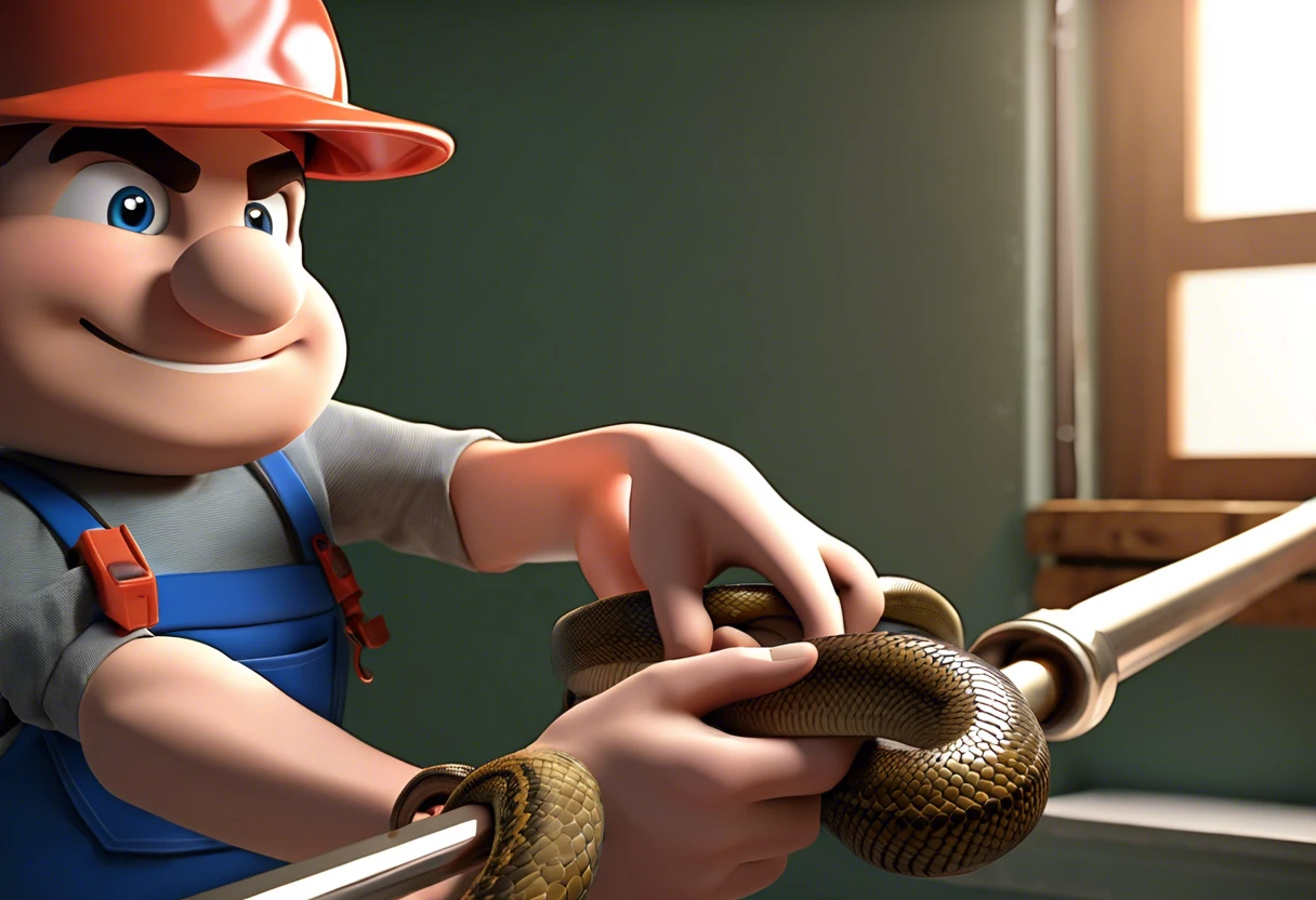Cartoon plumber using a snake tool for effective drain cleaning.