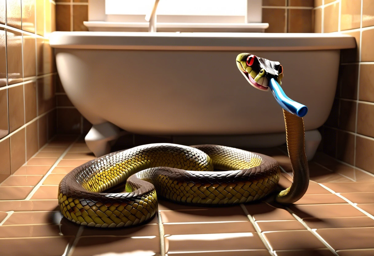 A cartoonish snake with a plumbing tool instead of a head, symbolizing the advantages of using a plumber snake over a traditional plumber.