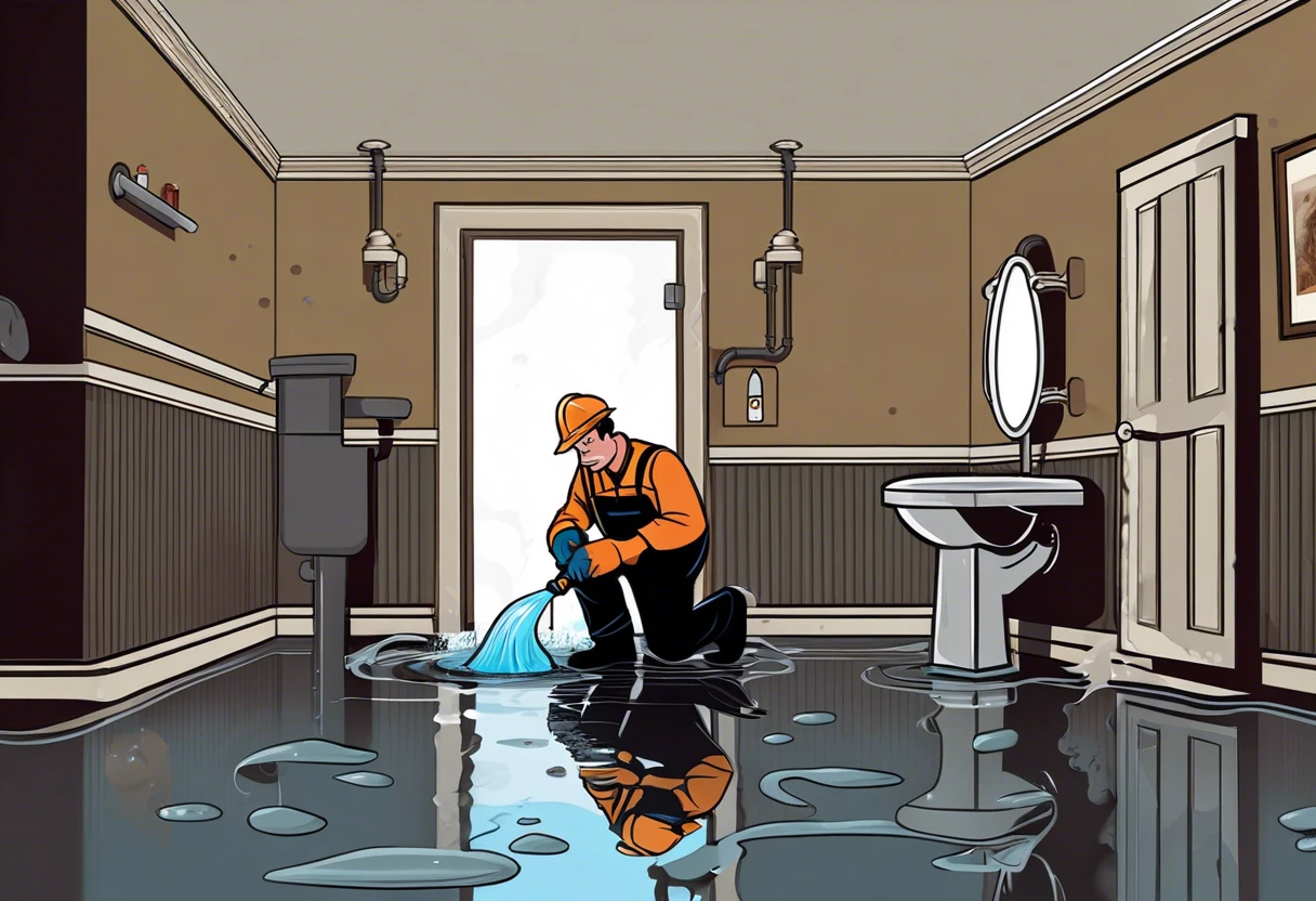 Plumber cleaning up water damage caused in a bathroom in Anaheim Hills, CA