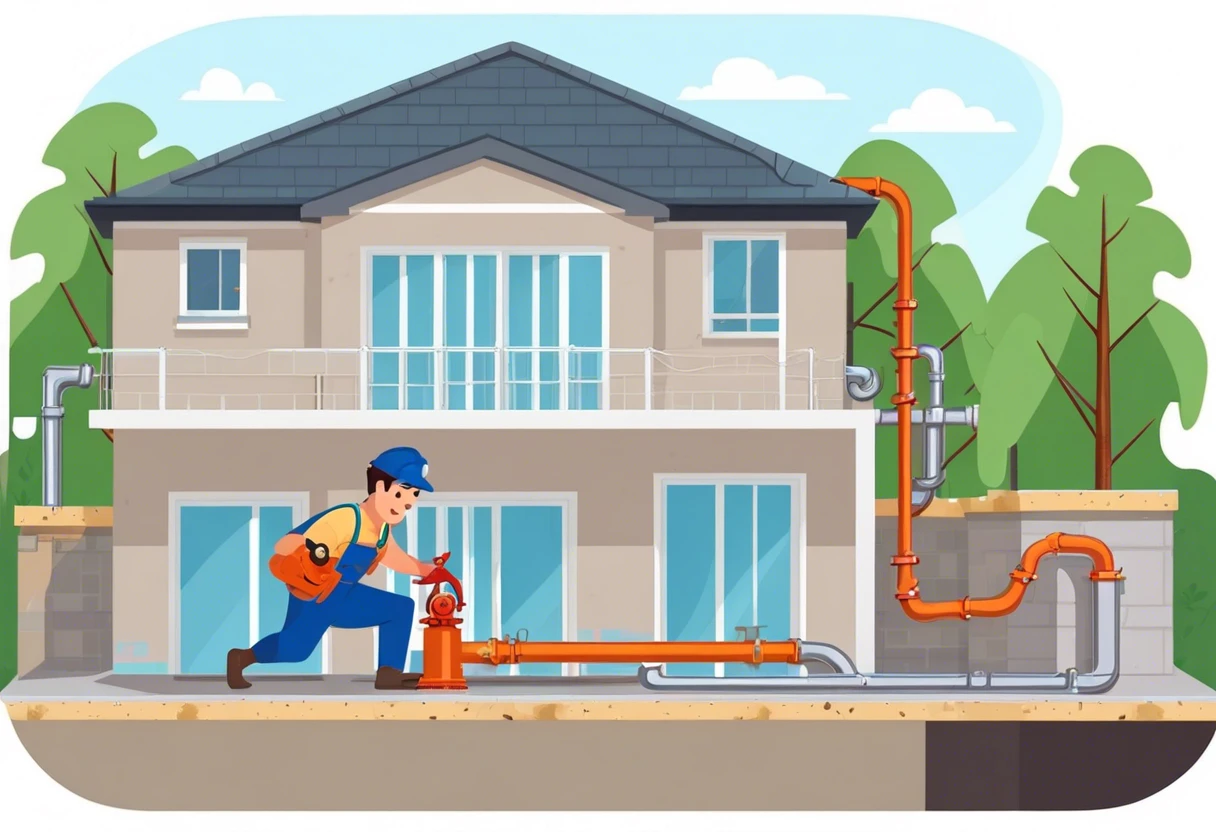 Diagram of plumbing installation above a slab foundation with visible pipes and a worker.