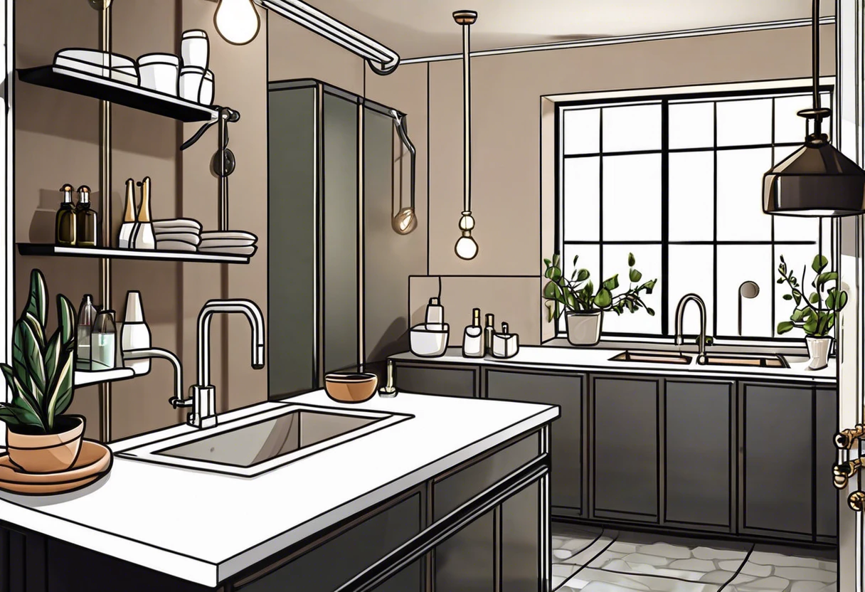 Illustration of a modern apartment kitchen showing plumbing components, aligned with how plumbing works in an apartment building.