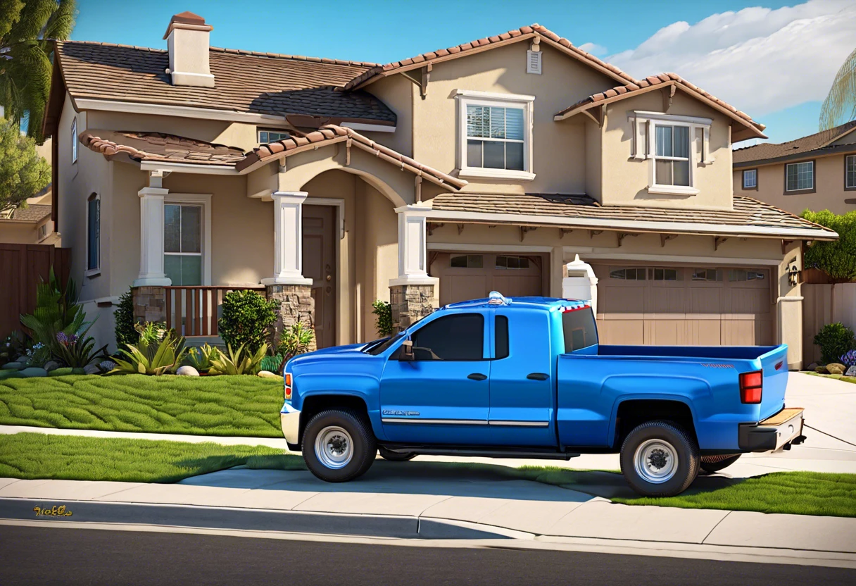 Image of a blue truck parked in front of a suburban home, representing the startup investment for a plumbing business in Anaheim Hills, CA.