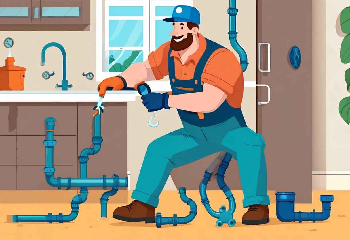 Plumber working on pipes, illustrating plumbing company earnings.