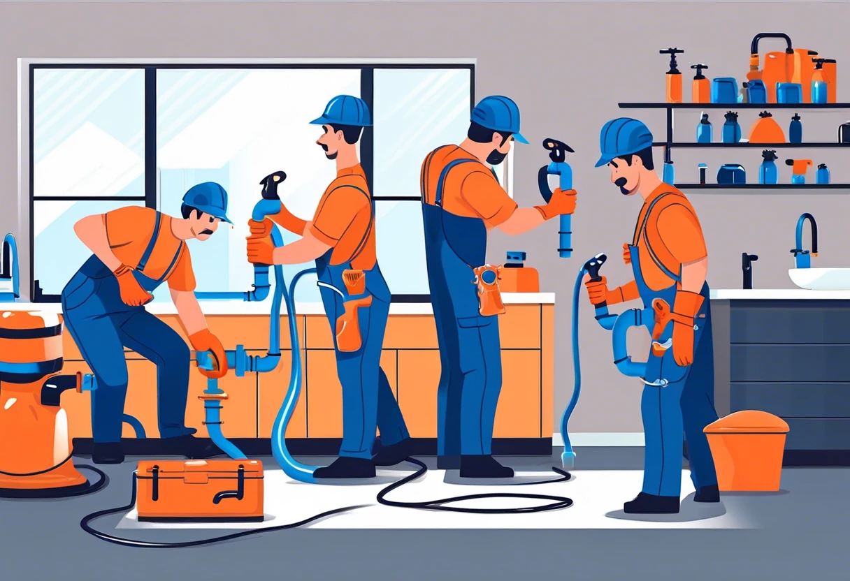 Plumbers working on plumbing installation in a new house in Anaheim Hills, CA.