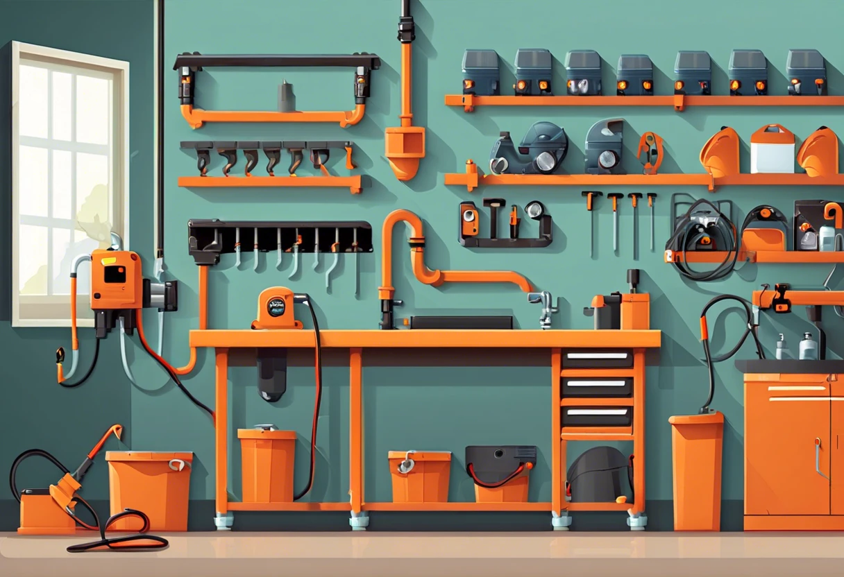 A well-organized workspace with plumbing and electrical tools relevant for business operations in Anaheim Hills, CA.