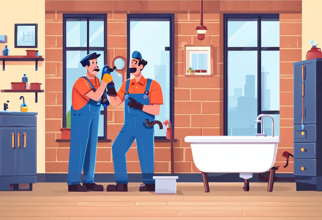 Two plumbers discussing how to fix plumbing issues without being the property owner