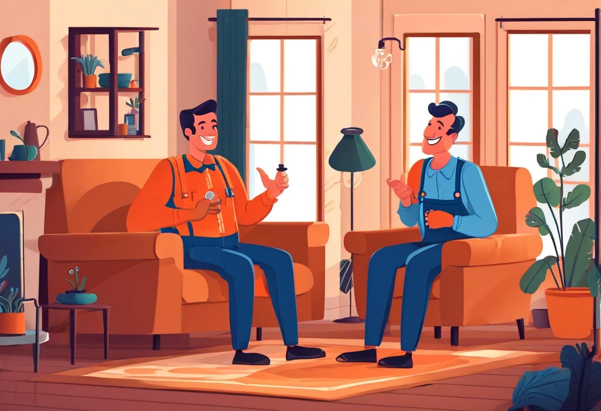 Two plumbers discussing how to fix plumbing issues without owner involvement