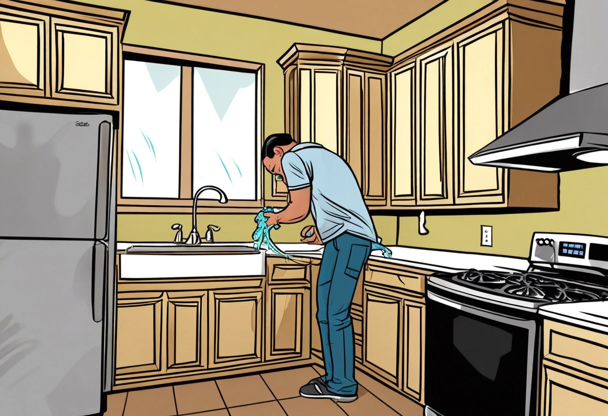 Tenant addressing plumbing issues in a kitchen in Anaheim Hills, CA