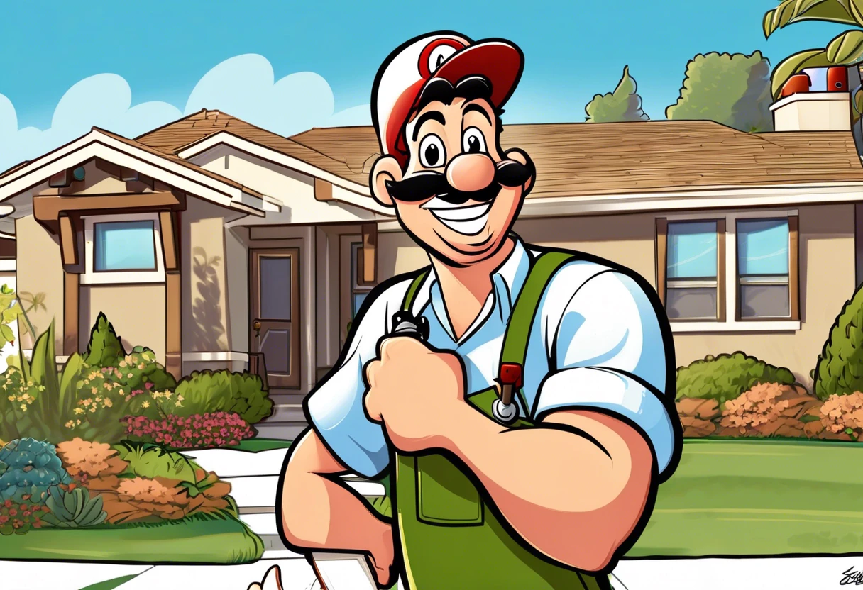Cartoon plumber standing in front of a house, representing plumbing services for license in Anaheim Hills, CA.