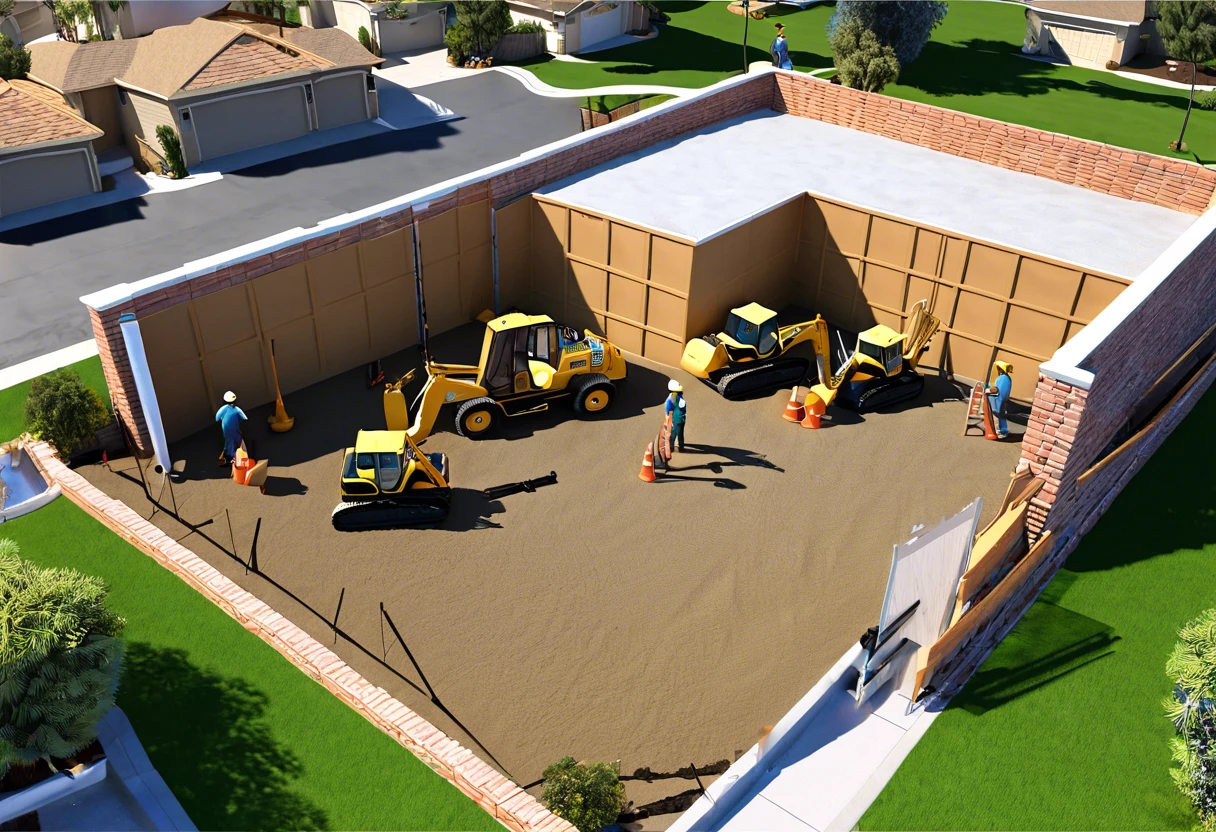 Construction workers operating machinery for plumbing excavation in Anaheim Hills, CA