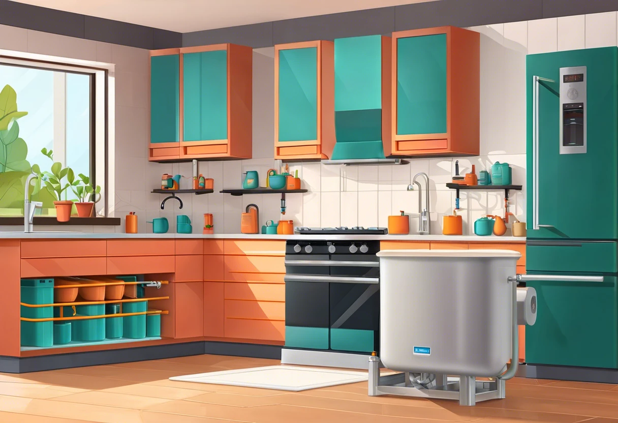 A modern kitchen illustrating plumbing installation above a slab foundation.