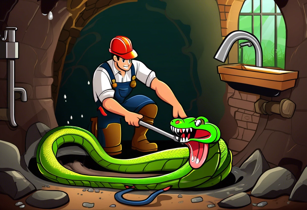 Animated plumber battling a snake in a sewer, representing plumbing stoppage.