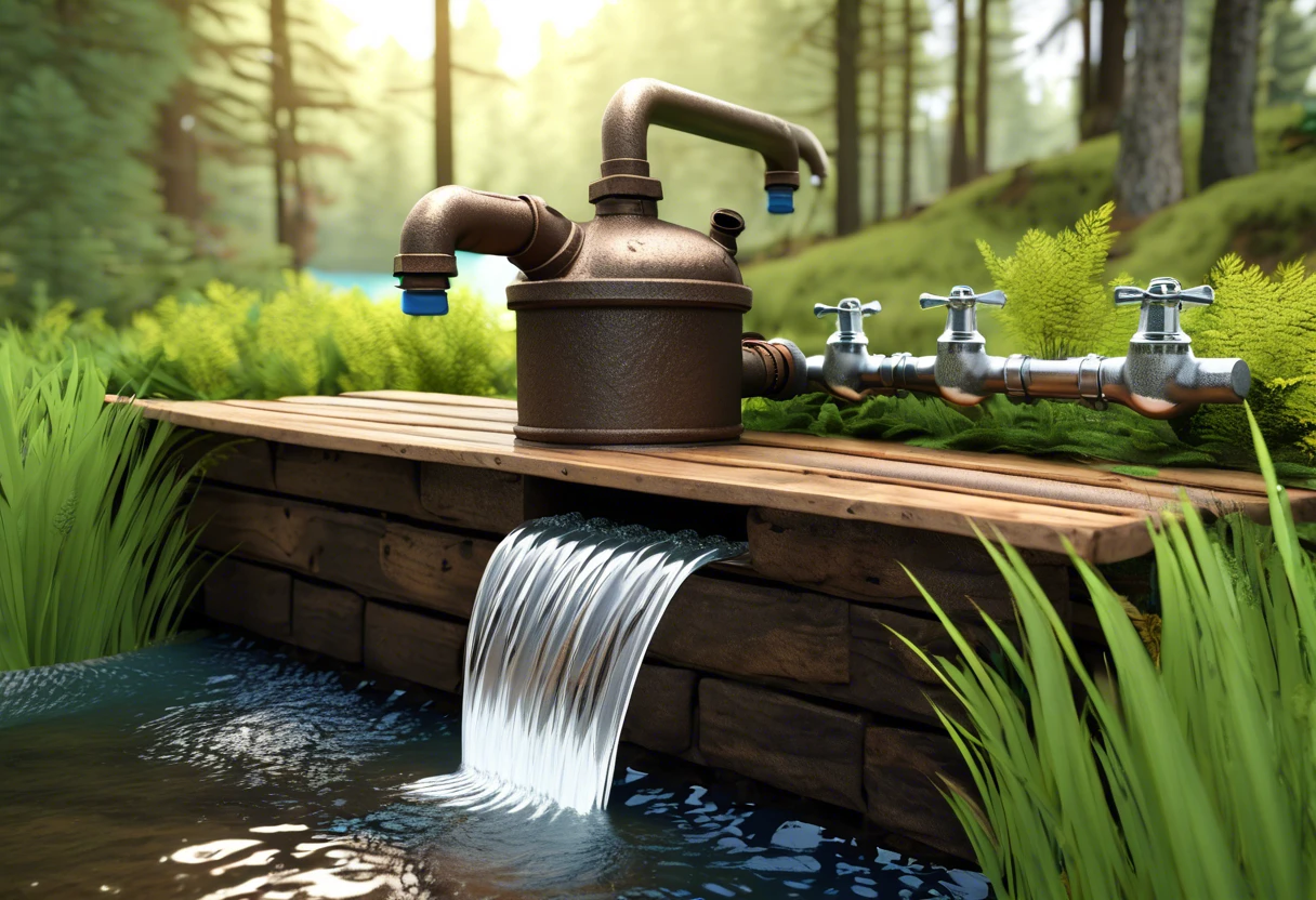 Image of a rustic plumbing system in nature, illustrating how plumbing can function without electricity.