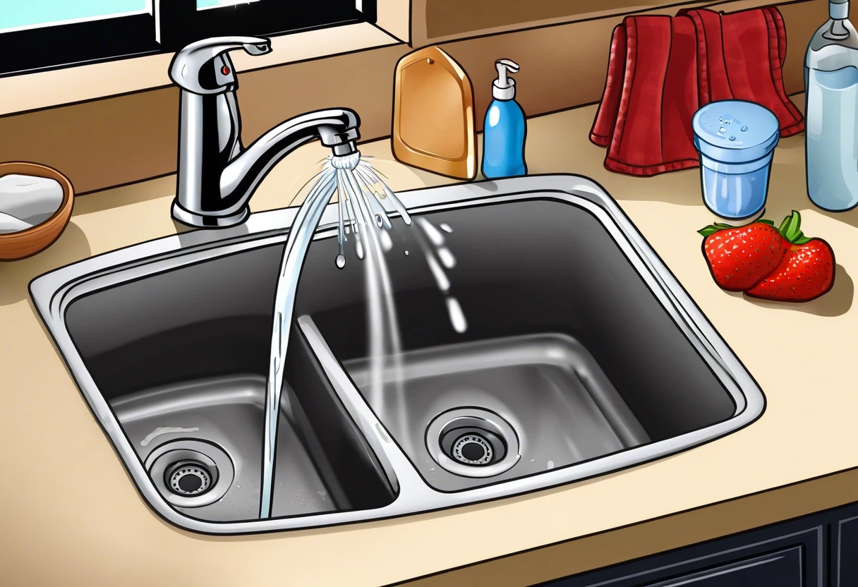 A kitchen sink with running water illustrating plumbing tasks that can be done without a license.