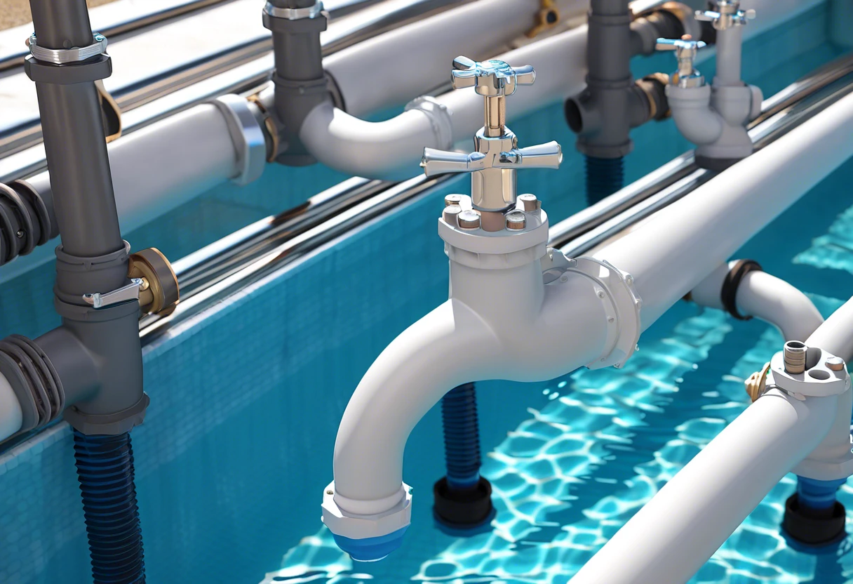 Detailed view of a swimming pool plumbing system with pipes and valves.