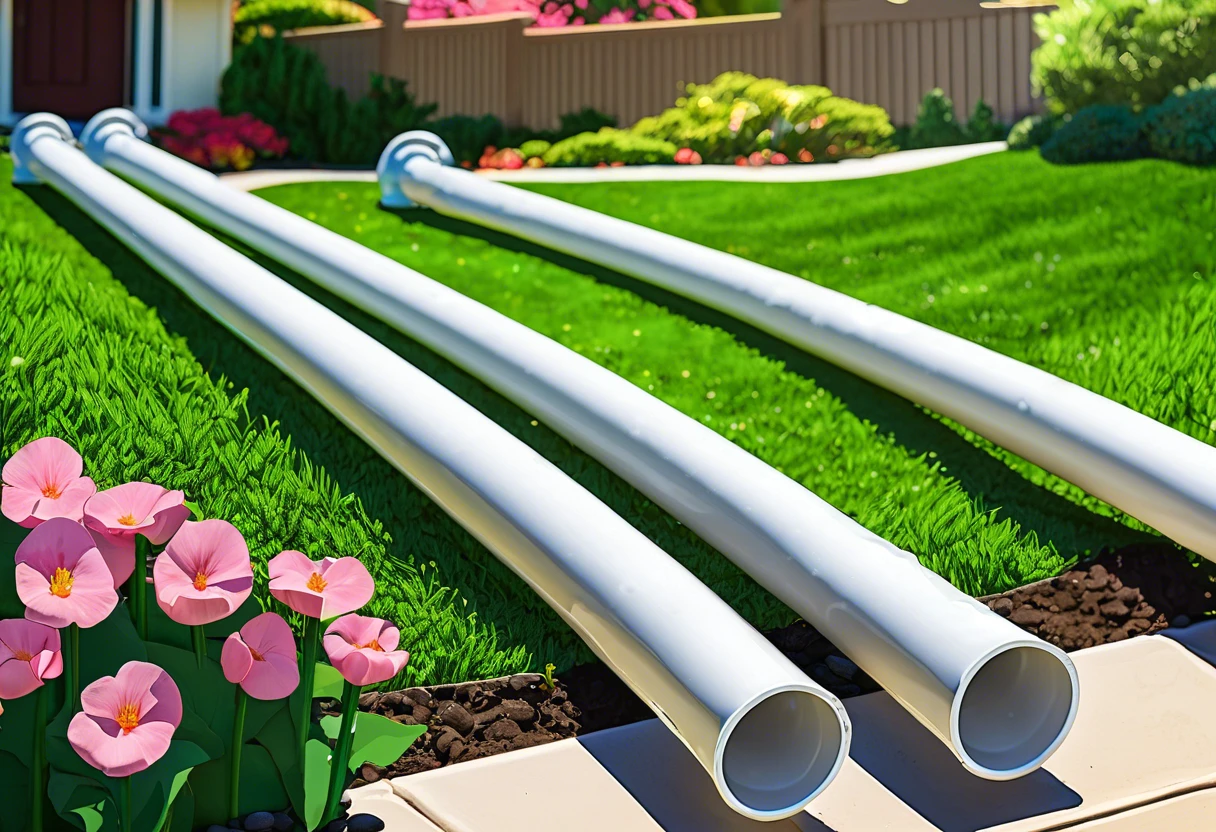 PVC plumbing pipes lying on green grass in Anaheim Hills, CA, illustrating durability and lifespan.