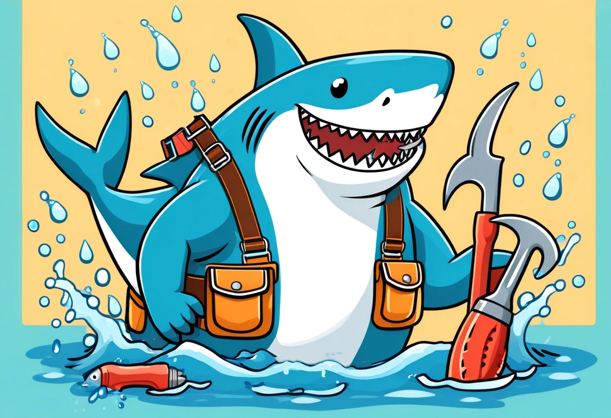 Illustration of a cartoon shark wearing tools for plumbing with shark bites fittings
